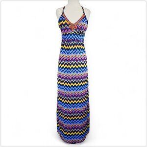 Joyous & Free Long Colorful Zig Zag Empire Waist Beaded Maxi Summer Dress XS